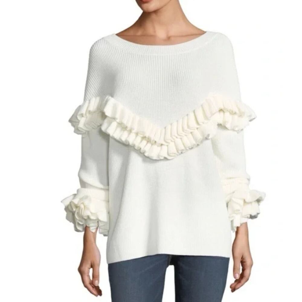 Frame Merino Wool Blend Sweater Women's Medium Cream Ruffle Ribbed Knit Dolman‎